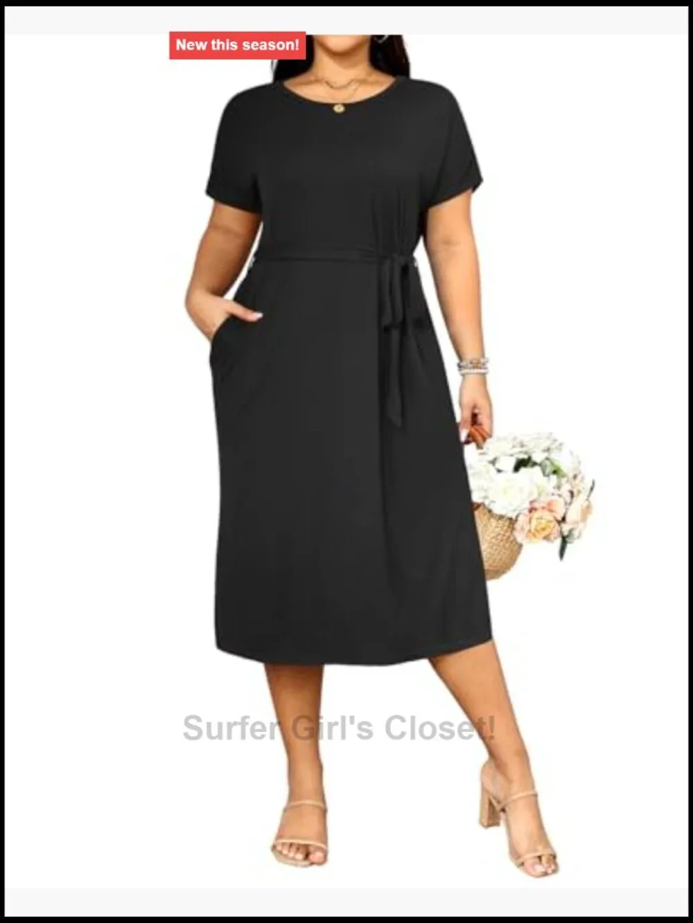 Plus Size Midi Dress with Belt and Pockets - Short Sleeve Work Church